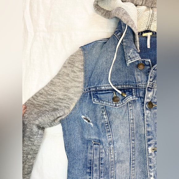 Free People Blue Hooded Distressed Denim Jean Jacket - Picture 9 of 16